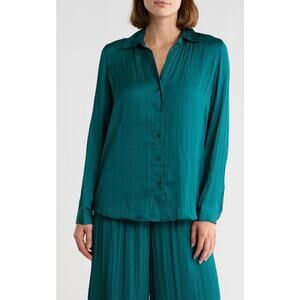 L'Agence Nina Long Sleeve Satin Crinkle Blouse in Ocean Teal XS